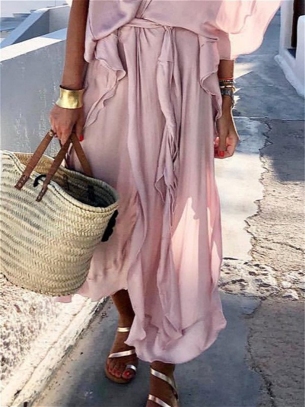 V neck Pink Women Summer Dress A-line Daily Slit Solid Dress